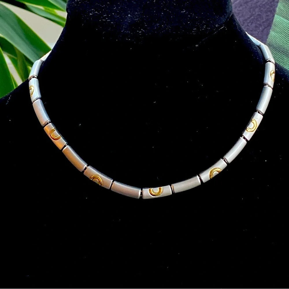 Modernist Brushed Metal Choker Necklace inset with Gold Colored Circles